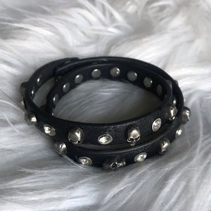 Double wrap, leather, skull & gemstone bracelet.